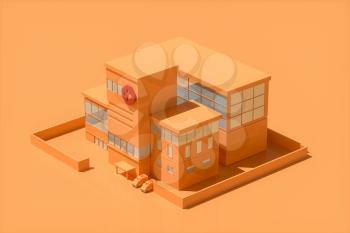 Hospital model with orange background,abstract conception,3d rendering. Computer digital drawing.