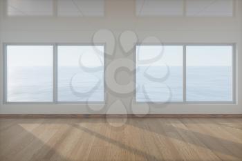 The empty room with wooden floor. Out of the window is the sea. 3d rendering. Computer digital drawing.