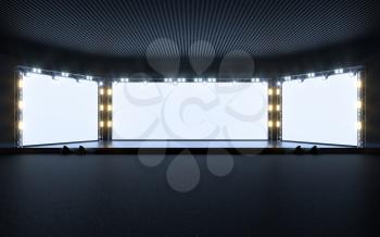 Exposition stage with blank billboard, 3d rendering. Computer digital drawing.