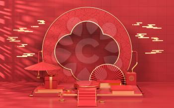 Empty showcase stage, Chinese style, 3d rendering. Computer digital drawing.