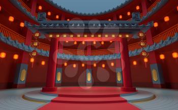 Round stage in the ancient round house, Chinese classical round house, 3d rendering. Translation: blessing. Computer digital drawing.