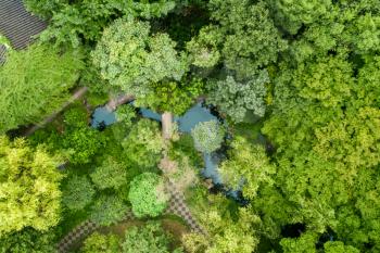 Aerial of Ancient traditional garden, aerial in Suzhou, China.