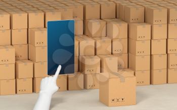 Stacked cardboard box with operating mobile phone, 3d rendering. Computer digital drawing.