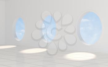 Empty white room with round window, 3d rendering. Computer digital drawing.