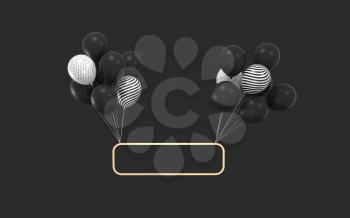 Balloons and metal frame with black background, 3d rendering. Computer digital drawing.