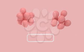 Balloons and metal frame with pink background, 3d rendering. Computer digital drawing.
