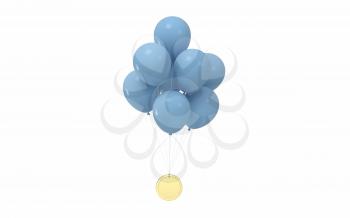Balloons and gold coin with white background, 3d rendering. Computer digital drawing.