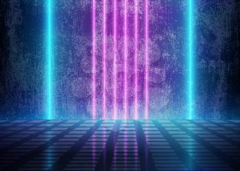 Neon 3D Glow Lights near the Dirty Grunge Wall, Futuristic Cyberpunk Room, Abstract Background with Blue and Violet Energy Lines, Conceptual Tomorrow Aesthetic Interior Style, Eps10 Vector Illustration - Vector