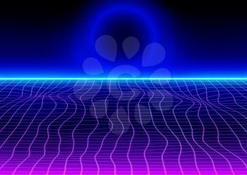 Futuristic Retro Background with Stylized Sci-Fi Grid and Neon  Glow Lights, Energy Cosmic Circle, Abstract Fashion 3D 1980, Conceptual Tomorrow Aesthetic Style, Eps10 Vector Illustration - Vector
