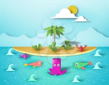 Paper Origami Summer Scene, Childish Creative 3D Elements, Artistic Summer Composition, Made Template with Style Symbols for Banner, Card, Poster, Cut Island World, Eps10 Vector Illustration - Vector
