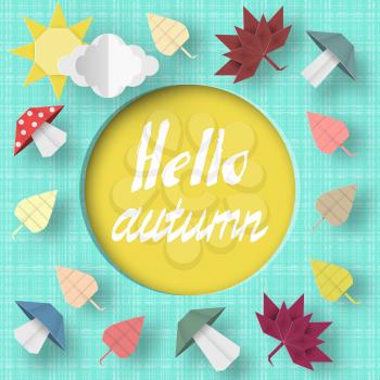 Hello Autumn Origami Greeting Card with Clouds, Sun, Mushrooms, Leaves, Crafted Abstract Paper Concept. Cut Applique Promotion Scene. Quality Cutout Template. Vector Illustrations Art Design.