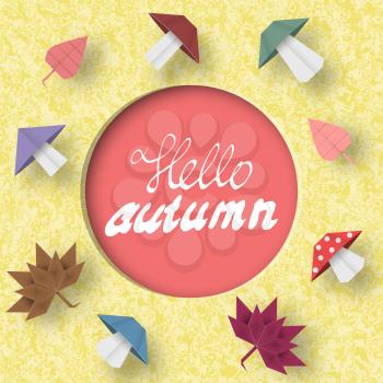 Hello Autumn Paper Greeting Card, Crafted Abstract Origami Concept. Cut Applique Promotion Scene with Elements, Sign, Symbols, Objects. Quality Cutout Template. Vector Illustrations Art Design.