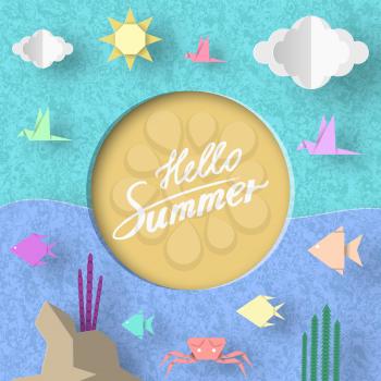 Hello Summer. Paper Seasonal Symbols, Sign and Elements with Text illustrate the Greeting of the Summertime. Fashion Background. Template for Banner, Card, Logo, Poster. Design Vector Illustrations.