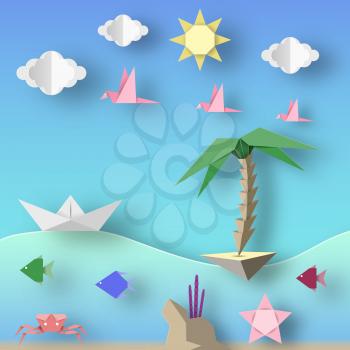Ship, Island, Birds, Clouds, Sun and Underwater Life. Style Paper Origami Word. Cut Elements and Symbols for Travel Theme. Summer Landscape. Cutout Abstract Applique. Vector Illustrations Art Design.