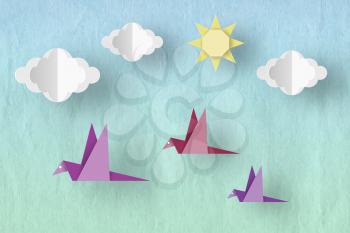 Birds, Clouds and Sun on a Cardboard Texture. Style Paper Origami Word. Cut Crafted Elements and Symbols. Cutout Abstract Made. Template for Banner, Card, Poster. Vector Illustrations Art Design.