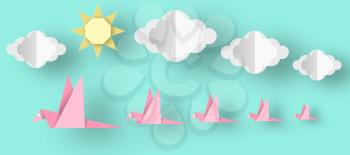 Cut Birds, Clouds and Sun Style Paper Origami Crafted Word. Cutout Elements and Symbols. Abstract Template for Banner, Card, Poster. Made Vector Illustrations Art Design.