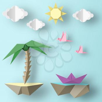 Cut Birds, Ship, Palm Tree, Clouds and Sun Style Paper Origami Crafted Word. Cutout Made Elements and Symbols for Banner, Card, Poster. Abstract Template. Vector Illustrations Art Design.