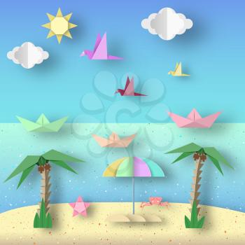 Landscape with Cut Birds, Ships, Palm Tree, Clouds and Sun Style Paper Origami Crafted World. Cutout Made Template with Elements and Symbols for Banner, Card, Poster. Vector Illustrations Art Design.