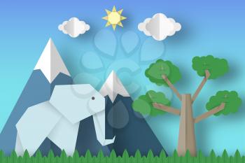 Cut Elephants, Tree, Clouds, Sun for Paper Origami Concept, Applique Scene. Childish Cutout Template with Elements, Symbols. Toy Landscape for Card, Poster. Vector Illustrations Art Design.