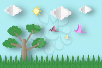 Cut Birds, Tree, Clouds, Sun for Paper Origami Concept, Applique Scene. Childish Cutout Template with Elements, Symbols. Toy Landscape for Card, Poster. Vector Illustrations Art Design.
