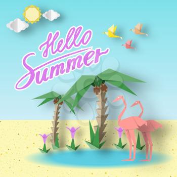 Hello Summer Origami Paper Seasonal Symbols, Sign, Elements with Inscription Illustrate the Greeting of the Fun Summertime. Fashion Background, Banner, Card, Poster. Vector Illustrations Art Design.