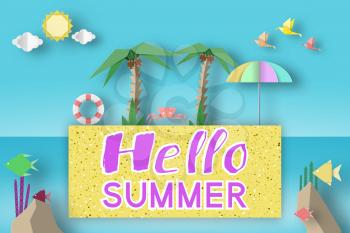 Hello Summer Fancy Origami Paper Symbols, Sign, Elements with Phrase Illustrate the Greeting of the Fun Summertime Season. Trendy Background, Banner, Card, Poster. Vector Illustrations Art Design.