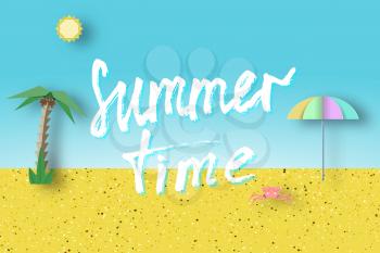 Summer Time Paper Origami Trendy Abstract Concept, Applique Scene with Inscription and Cut Elements. Creative Cutout Template for Season Card, Poster, Banner. Vector Illustration Paper Art Design.