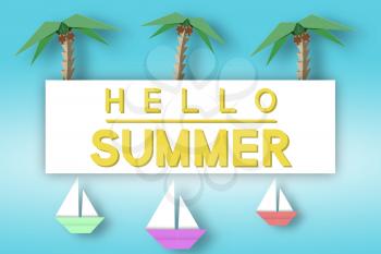 Hello Summer Paper Origami Fashion Abstract Concept, Applique Scene with Phrase and Cut Elements. Creative Cutout Template for Summertime Card, Poster, Banner. Vector Illustration Origami Art Design.