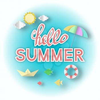 Hello Summer Paper Art Stylish Banner, Origami Unusual Elegant Elements with Text, Decorative Background, 3D Cut Paper Objects, Vector Illustration Art Design
