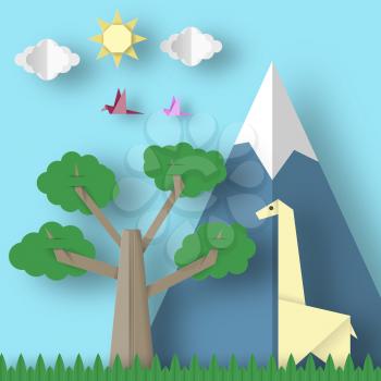 Cut Giraffes, Mountains, Tree, Clouds, Sun for Paper Origami Concept, Applique Scene. Childish Cutout Template with Elements, Symbols. Toy Landscape for Card, Poster. Vector Illustrations Art Design.