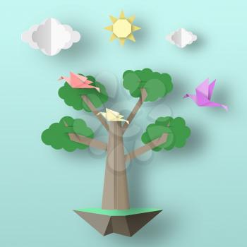 Cut Birds, Tree, Clouds, Sun for Paper Origami Concept, Applique Scene. Childish Cutout Template with Elements, Symbols. Toy Landscape for Card, Poster. Vector Illustrations Art Design.