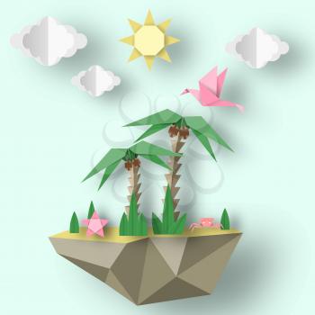 Summer Origami Art Applique. Paper Crafted Cutout World. Decoration Template for Banner, Card, Logo, Poster. Composition with Style Elements and Symbols for Summertime. Design Vector Illustrations.