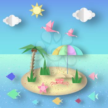 Summer Origami Fun Art Applique. Paper Crafted Cutout World. Composition with Style Elements and Symbols of Summertime. Decoration Template for Banner, Card, Logo, Poster. Design Vector Illustrations.
