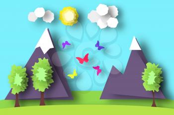 Mountain Scene Paper World. Rural Life with Cut, Field, Trees, Clouds, Sun. Over the Meadow Flying Butterflies. Summer Landscape. Cutout Applique. Hanging Elements. Vector Illustrations Art Design.
