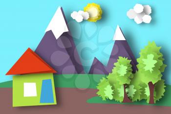 Mountain Scene Paper World. Rural Life with Cut, House, Meadow, Trees, Clouds, Sun. Colorful Crafted Countryside. Summer Landscape. Cutout Applique. Hanging Elements. Vector Illustrations Art Design.