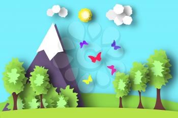 Hill Scene Paper World. Rural Life with Cut, Meadow, Trees, Clouds, Sun. Over the Field Flying Butterflies. Summer Landscape. Cutout Applique. Hanging Elements. Vector Illustrations Art Design.