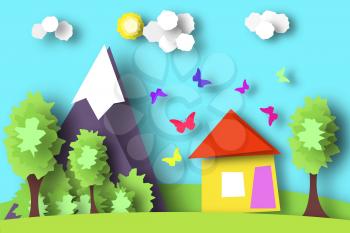Village Scene Paper World. Rural Life with Cut Butterflies, House, Tree, Cloud, Sun. Colorful Crafted Countryside. Summer Landscape. Cutout Applique. Hanging Elements. Vector Illustrations Art Design.