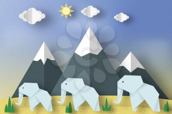 Paper Origami Concept, Applique Scene with Cut Elephants, Mountains, Clouds, Sun. Childish Cutout Template with Elements, Symbols. Toy Landscape for Card, Poster. Vector Illustrations Art Design.