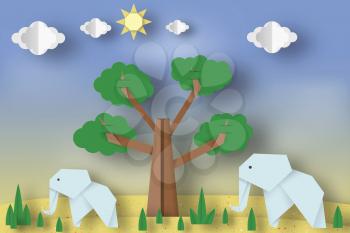 Paper Origami Concept, Applique Scene with Cut Elephants, Tree, Clouds, Sun. Childish Cutout Template with Elements, Symbols. Toy Landscape for Card, Poster. Vector Illustrations Art Design.