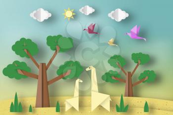 Paper Origami Concept, Applique Scene with Cut Giraffes, Birds, Tree, Clouds, Sun. Childish Cutout Template with Elements, Symbols. Toy Landscape for Card, Poster. Vector Illustrations Art Design.