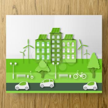 Paper Ecology Green Concept of City Life with Cut Tree, Building, Automobile. Bike and GyroScooter ride in the Eco Park. Cutout Plan Template for Banner, Card, Poster. Vector Illustrations Art Design.
