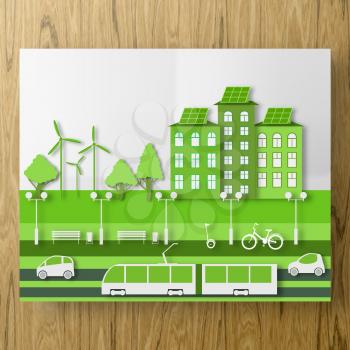 Paper Ecology Concept of City Life with Cut Tree, Building, Automobile, Tram. Bike and GyroScooter ride in the Eco Park. Cutout Plan Template for Banner, Card, Poster. Vector Illustrations Art Design.