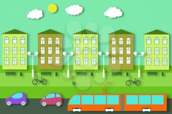 Ecology Concept. City Life Cut Paper Tree, Building, Automobile, Tram. Bike and GyroScooter in the Park. Eco Environment. Cutout Template for Banner, Card, Poster. Vector Illustrations Art Design.