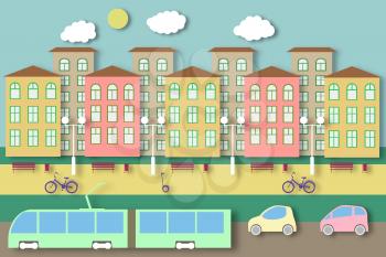 Ecology Nature Concept. City Life with Cut Paper Tree, Building, Automobile, Tram. Eco Environment with Bike and GyroScooter. Cutout Template for Banner, Card, Poster. Vector Illustrations Art Design.
