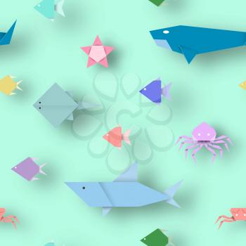 Origami Style Crafted out of Paper with Cut Animals. Abstract Scene Underwater Life. Seamless Pattern: Under the Water Cutout Elements, Symbols for Fabric, Textile. Vector Illustrations Art Design.