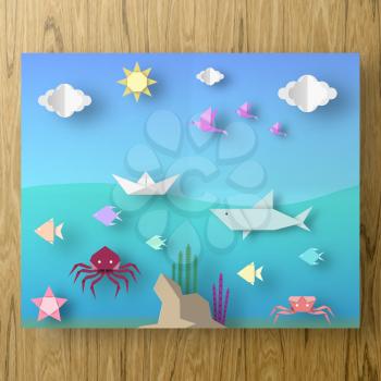 Poster with Cut Starfish, Birds, Fish, Sun, Sky Style Paper Crafted Origami. Abstract Underwater Life. Publish Template Under the Water with Cutout Elements, Symbols. Vector Illustrations Art Design.