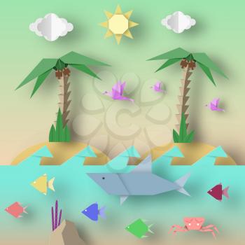Origami Style Crafted out of Paper with Cut Birds, Crab, Shark, Fish, Sun, Sky. Abstract Underwater Life. Template Under the Water with Cutout Elements, Symbols. Vector Illustrations Art Design.
