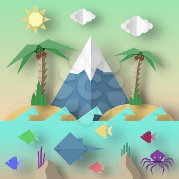 Origami Style Crafted out of Paper with Cut Mountains, Octopus, Stingray, Fish, Sun, Sky. Abstract Underwater Life. Template Under the Water Cutout Elements, Symbols. Vector Illustrations Art Design.