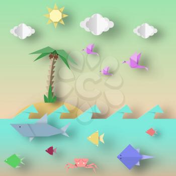 Origami Style Crafted out of Paper with Cut Shark, Stingray, Birds, Fish, Sun, Sky. Abstract Underwater Life. Template Under the Water Cutout Elements, Symbols. Vector Illustrations Art Design.