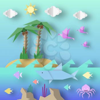 Origami Style Crafted out of Paper with Cut Shark, Palm, Birds, Fish, Sun, Clouds. Abstract Scene Underwater Life. Template Under the Water Cutout Elements, Symbols. Vector Illustrations Art Design.